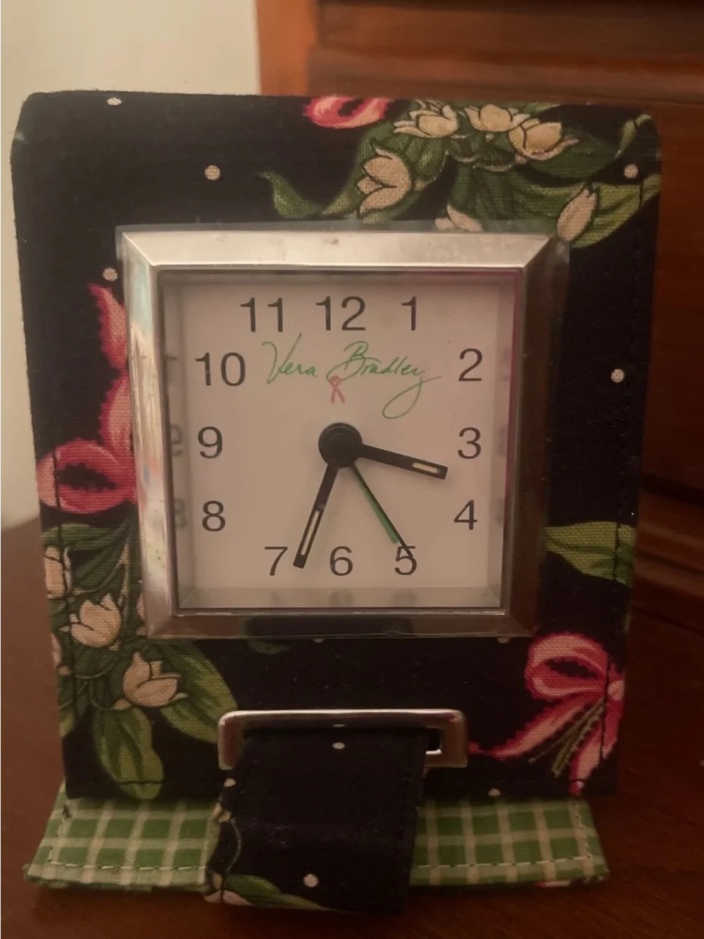 Vera Bradley Black Floral Folding Alarm Clock with Pink and Green Accents